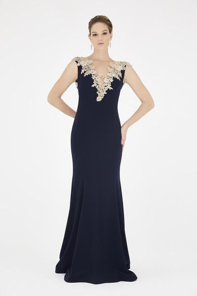 Saboroma - 4243 Beaded Appliqued Cap Sleeve Sheath Gown In Blue