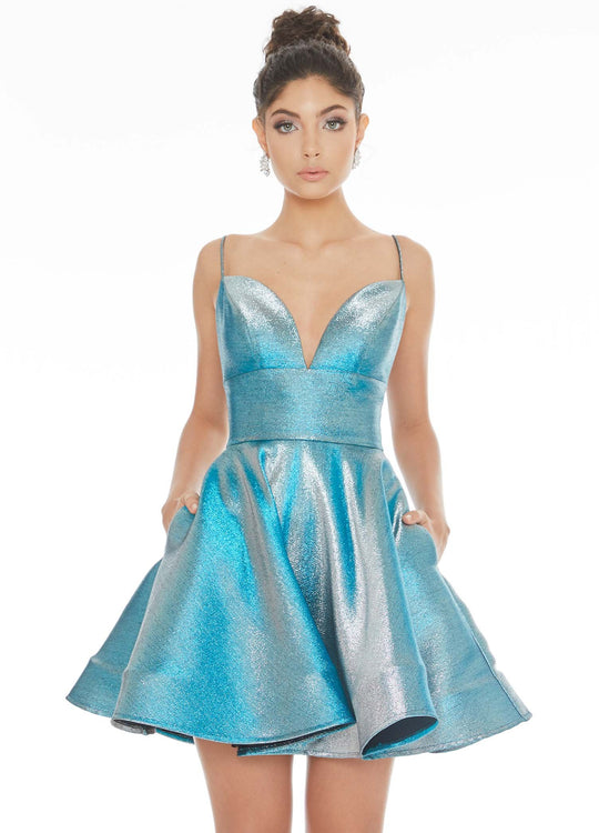 Ashley Lauren - 4243 Shimmering Brocade Sexy Back Cocktail Dress In Blue