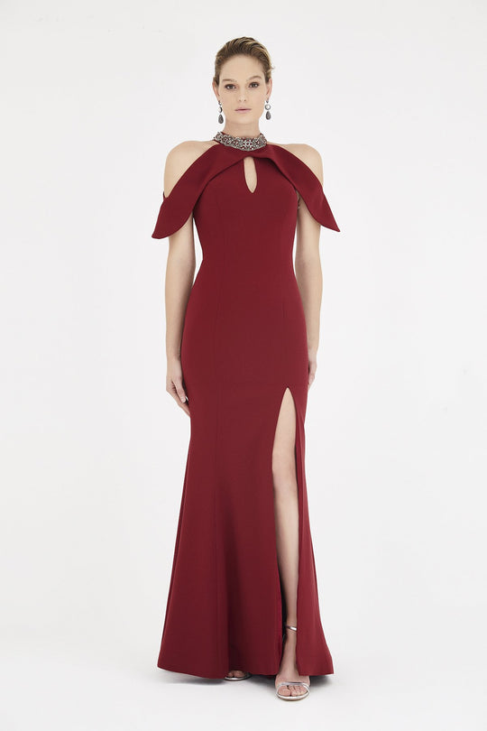 Saboroma - 4245 Beaded Jewel Neckline Cold Shoulder Evening Gown In Red