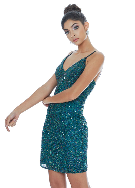 Ashley Lauren - 4246 Fully Beaded V-neck Fitted Dress In Green