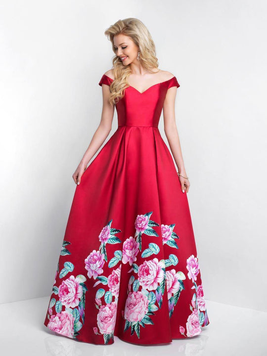 Intrigue - 424 Off Shoulder Fitted Ballgown In Red and Print