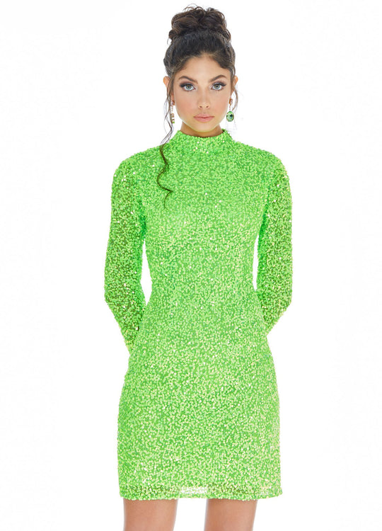 Ashley Lauren - 4252 Long Sleeve Open Back Sequined Cocktail Dress In Green