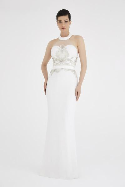 Saboroma - 4253 Jeweled Illusion Halter Mermaid Gown In White