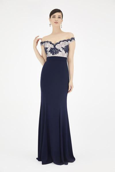 Saboroma - 4254 Embellished Off-Shoulder Sheath Dress In Blue