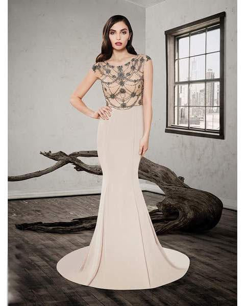 Saboroma - 4273 Embellished Bateau Mermaid Dress With Train In Neutral