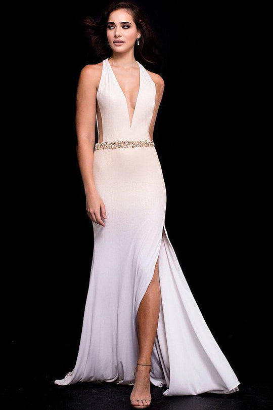 42722 Embellished Deep V-neck Jersey Sheath Dress