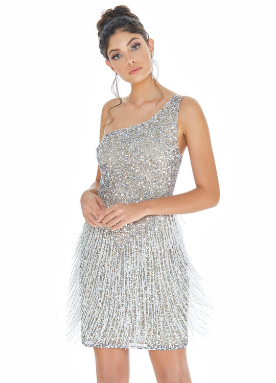 Ashley Lauren - 4273 Sequined One Shoulder Fringe Sheath Dress In Silver and Gray