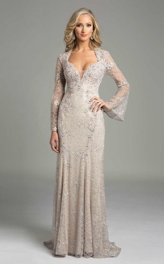 Lara Dresses - Long Sleeve V Neck Long Dress 33238 in Gray