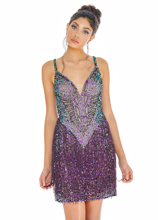 Ashley Lauren - 4276 Beaded Plunging V-neck Fringe Sheath Dress In Purple