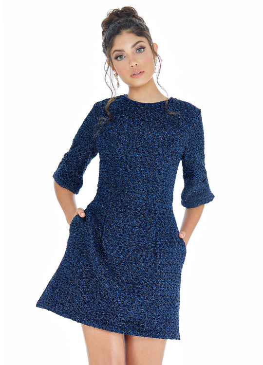 Ashley Lauren - 4278 Quarter Length Sleeve Jewel Neck A-line Dress In Blue