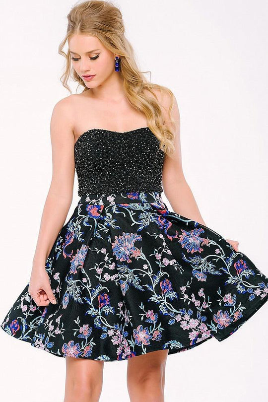 Two Piece Beaded Short Dress with Printed Skirt 42809