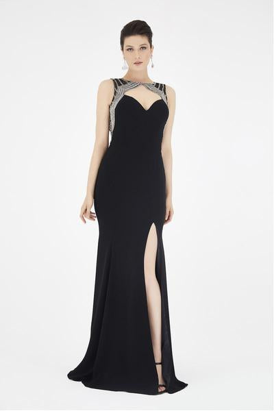Saboroma - 4280 Beaded Scallop Cutout High Slit Gown In Black