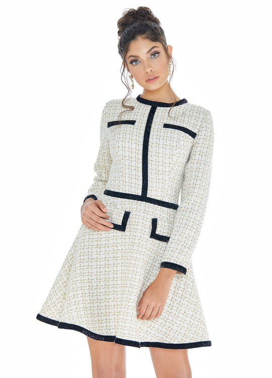 Ashley Lauren - 4281 Long Sleeve Jewel Neck Tweed A-line Dress In White