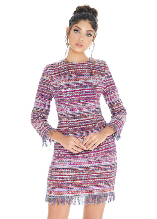 Ashley Lauren - 4283 Quarter Length Sleeve Tweed Fringe Dress In Multi-Color