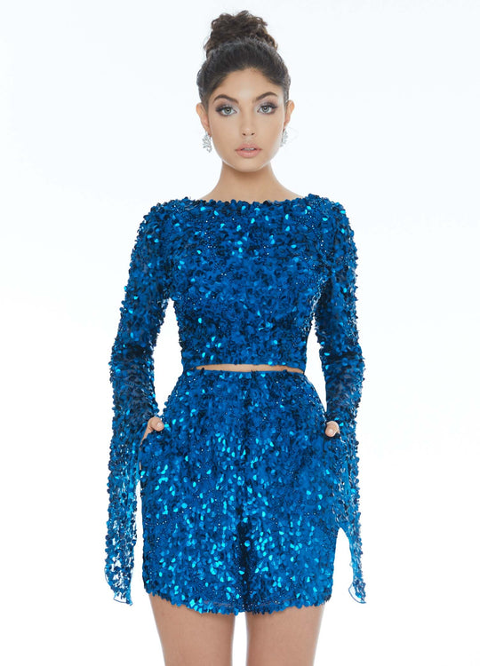 Ashley Lauren - 4288 Two Piece Beaded Long Sleeve Romper In Blue