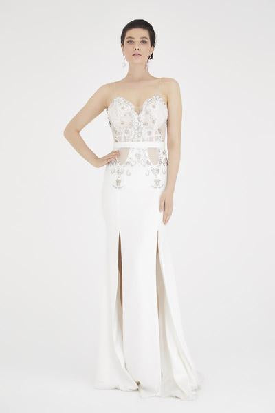 Saboroma - 4289 Sheer Lace Paneled Double High Slit Gown In White