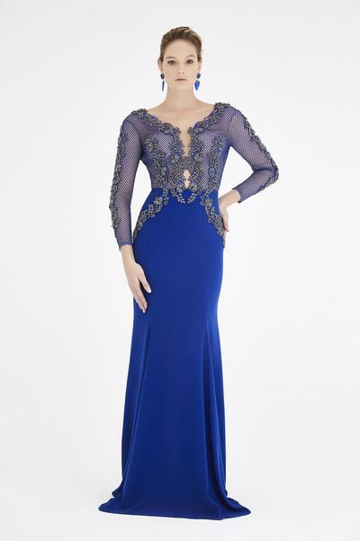 Saboroma - 4290 Floral Beaded Illusion Lattice Sheath Gown In Blue