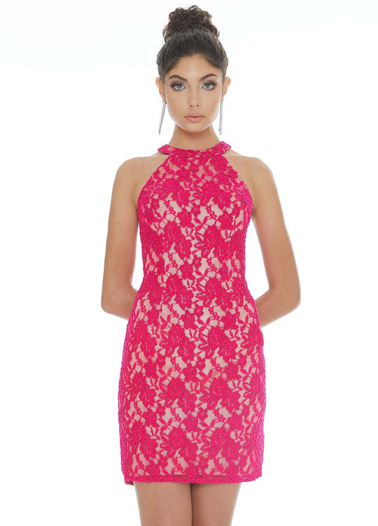 Ashley Lauren - 4292 Halter Beaded Lace Cocktail Dress In Pink