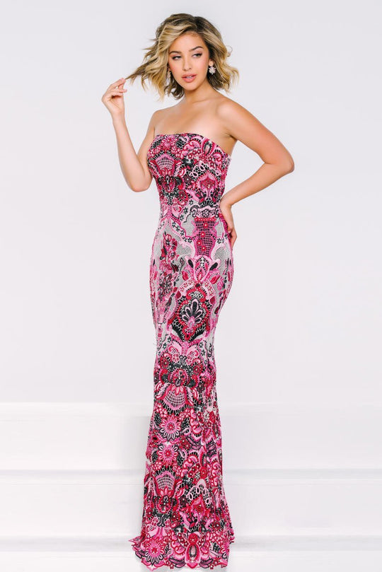 42970 Strapless Multicolored Print Long Dress