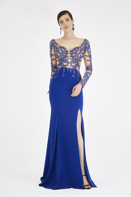 Saboroma - 4298 Embellished Applique Nude Illusion Mermaid Gown In Blue