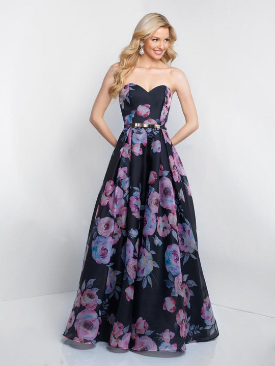 Intrigue - 429 Strapless Floral Belted Gown In Black and Multi-Color