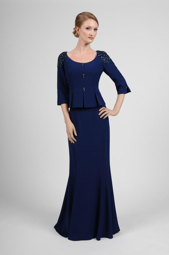 Daymor Couture - Quarter-Length Sleeve Two-Piece Long Dress 429 in Blue