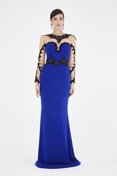Saboroma - 4300 Embellished Sheer Long Sleeve Trumpet Dress In Blue