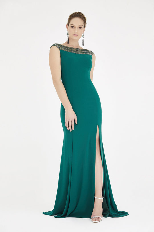 Saboroma - 4304 Sheer Beaded Bateau Neck V Back Mermaid Gown In Green