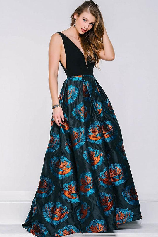 43081 Deep V-neck Printed A-line Dress