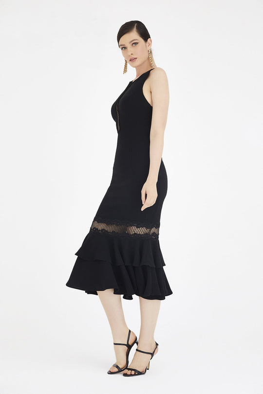 Saboroma - 4312 Crisscross Back Ruffled Hem Tea Length Dress In Black