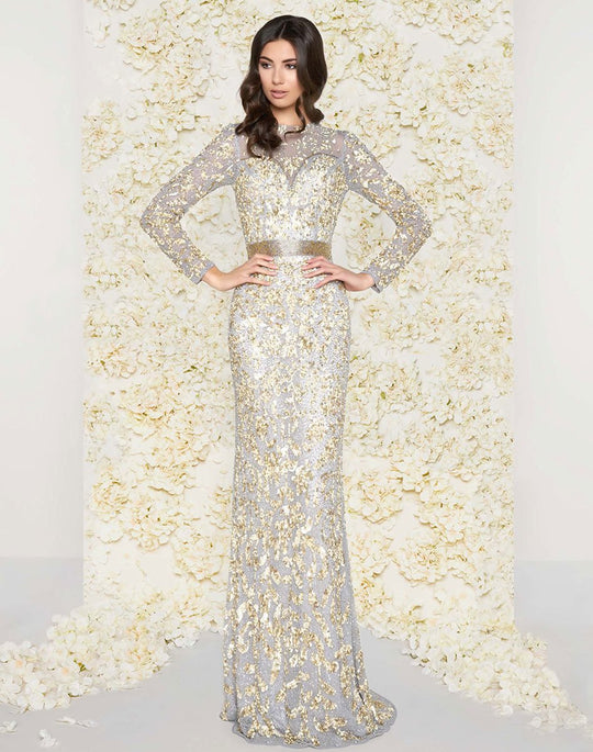 Mac Duggal Couture - 4316D Sequined Mesh Lace Gown in Silver and Gold