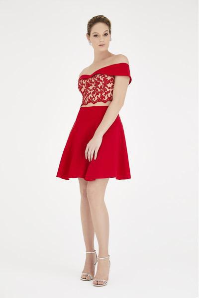 Saboroma - 4319 Two-Piece Beaded Applique A-Line Dress In Red