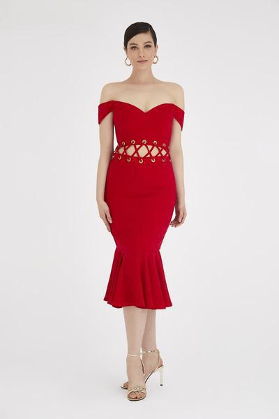 Saboroma - 4327 Off-Shoulder Trumpet Dress In Red