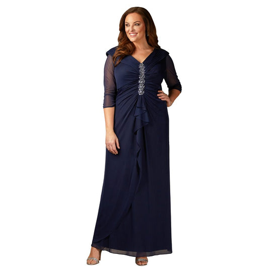 Alex Evenings - 432858 Front Ruched Embellished Plus Size Dress in Blue