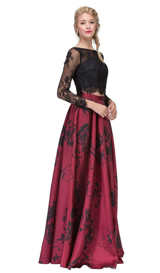 Eureka Fashion - 4333 Two Piece Floral Printed Lace A-line Dress In Red and Black