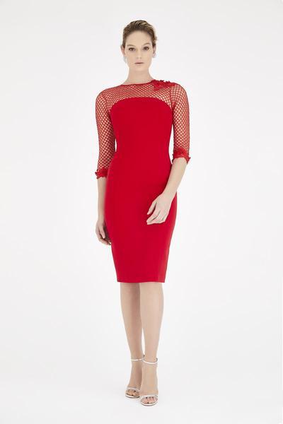 Saboroma - 4335 Applique Cuffed Quarter Sleeve Lattice Dress In Red
