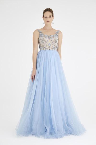Saboroma - 4338 Crystal Embellished A-Line Dress In Blue