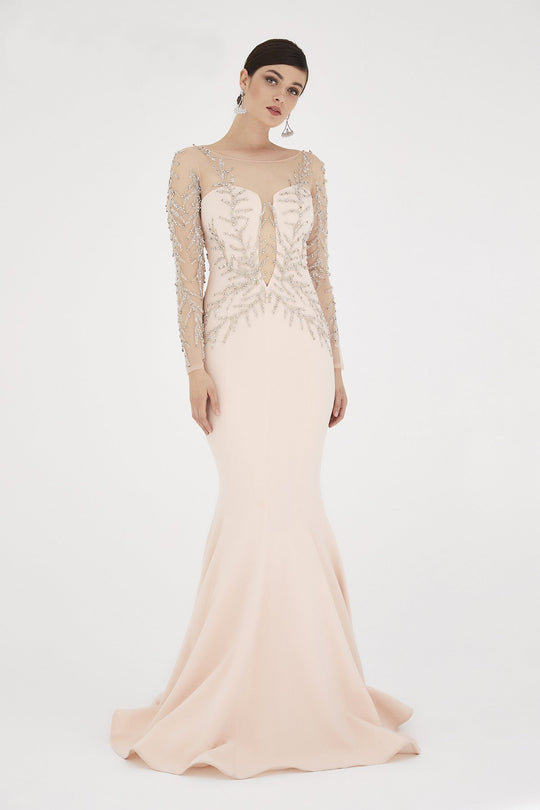 Saboroma - 4344 Dazzling Fern Accent Illusion Long Sleeve Mermaid Gown In Pink and Neutral