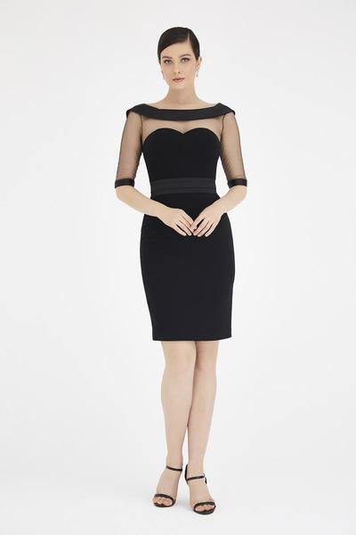 Saboroma - 4347 Quarter Length Sleeve Bateau Fitted Dress In Black