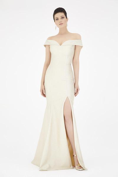 Saboroma - 4354 Off-Shoulder Trumpet Dress With Train In Silver