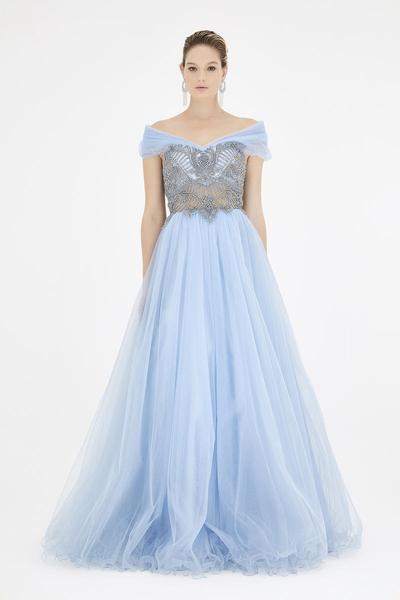 Saboroma - 4369 Embellished Off-Shoulder Ballgown With Curled Hem In Blue
