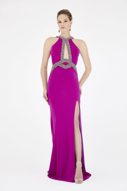 Saboroma - 4363 Beaded Framed Cutout Sleeveless Evening Gown In Pink and Purple
