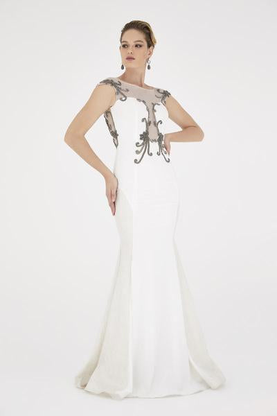 Saboroma - 4370 Embellished Illusion Bateau Trumpet Dress In White