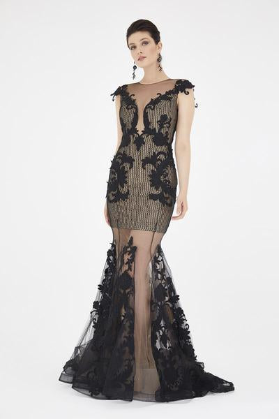 Saboroma - 4375 Lace Appliques Trumpet Dress In Black