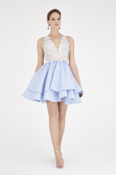 Saboroma - 4376 Lace Applique Plunging V-neck A-line Dress In Blue