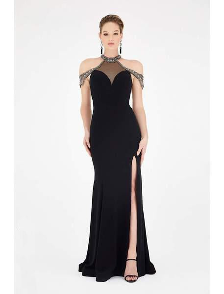 Saboroma - 4391 Embellished High Halter Trumpet Dress In Black
