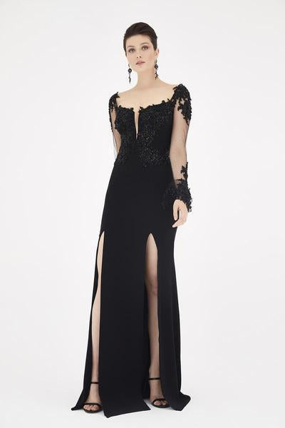 Saboroma - 4378 Appliqued Sheer Sleeve Double High Slit Gown In Black