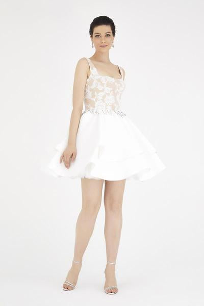 Saboroma - 4379 Floral Embroidered Square Cocktail Dress In White