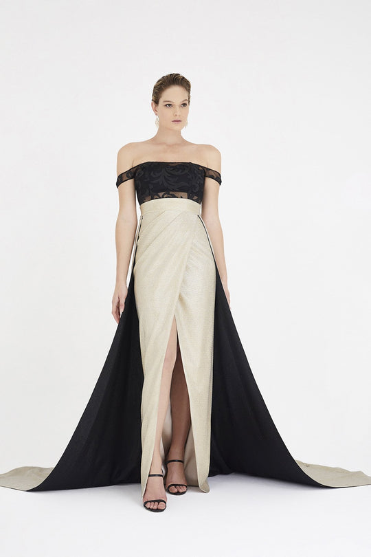 Saboroma - 4381 Applique Off-Shoulder Sheath Dress With Train In Silver