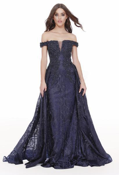 Shail K - 43816 Beaded Lace Applique Off Shoulder Overskirt Gown in Blue